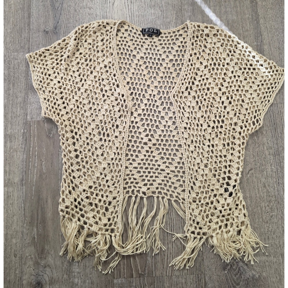POL Crochet Knit Fringe Cardigan Vest Beige Boho Open Front  Womens Small
